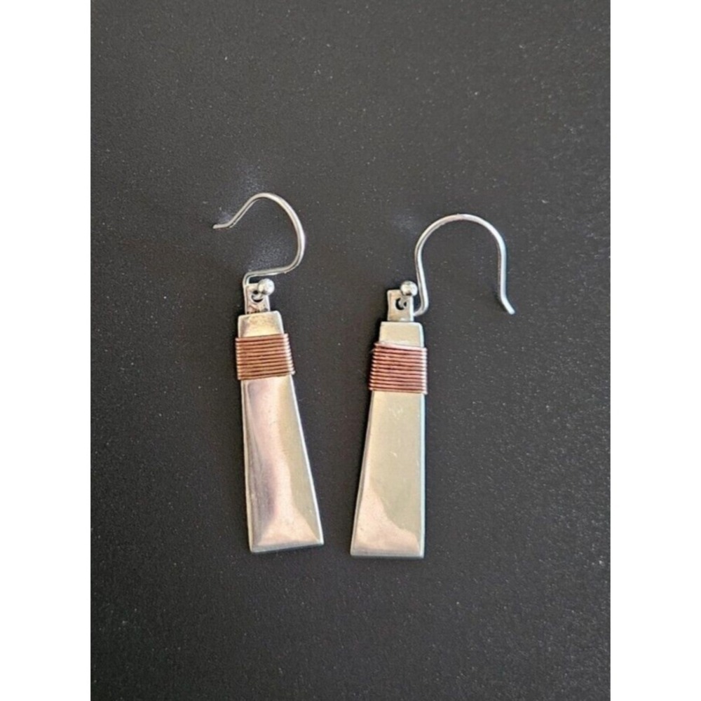 Modernist Boho HOB 925 Sterling & Copper Artisan Dangle Earrings Vintage